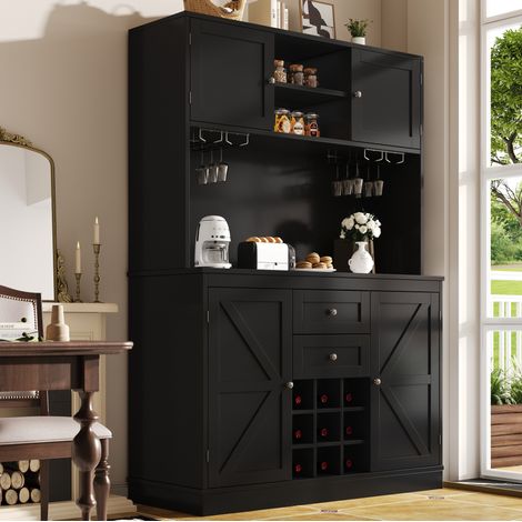 Sideboard de cuisine MDF noir 120 x 40 x 188 cm, 4 portes, 2 tiroirs, étagères réglables, casier à vin (1/5)
