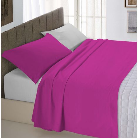 Completo letto totalmente realizzato in cotone a tinta unita bicolore Fucsia/Grigiochiaro - Singolo
