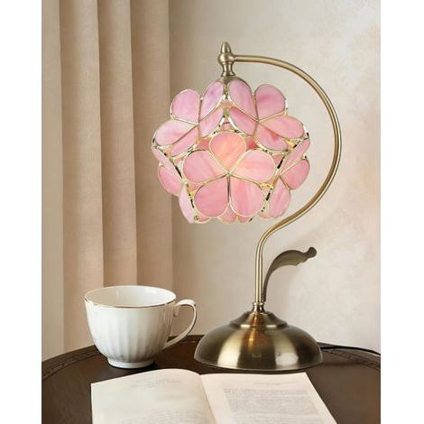 Tiffany-Tischlampe mit Blumenverzierung, Vintage-Buntglas mit Kirschblütenmotiven und Messingfuß, ideal für Schlafzimmer, Nachttisch oder als Dekoration, korallenfarben. (1/5)