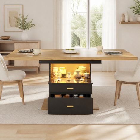 DESMIU Table de salle à manger extensible avec 2 tiroirs, LED, pour cuisine et salon, bois, 110 × 80 × 75 cm (1/5)