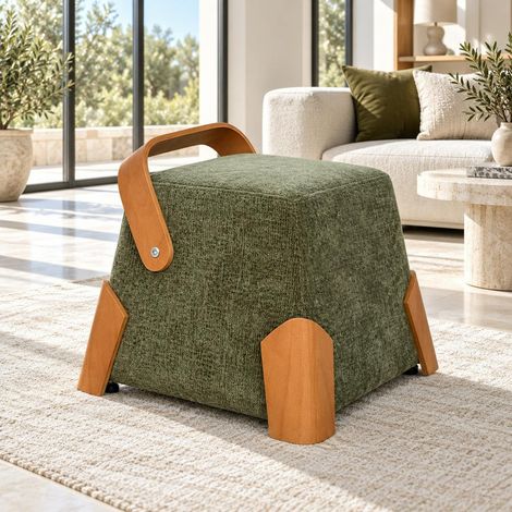 Pouf design kaki avec poignée en bois IENA (1/5)