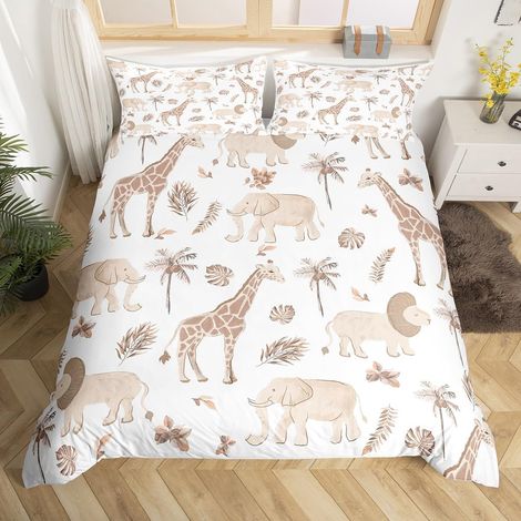 Animaux de la Jungle Housse de Couette 220x240cm Elephant Lion Girafe Parure de Lit African Safari Animaux Literie Set pour Les Enfants Garçons Filles Wildlife Décor (1/5)