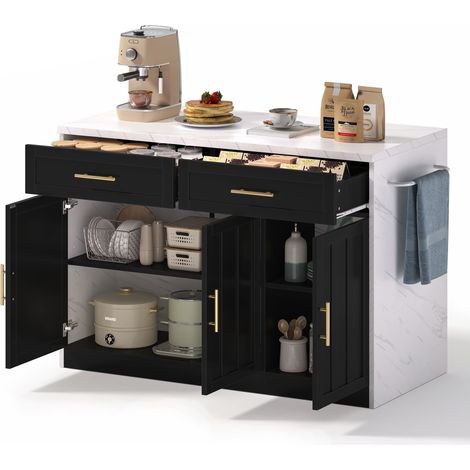 Îlot central de cuisine Noir,Desserte Cuisine avec 3 portes,2 tiroirs,plan de travail,prise avec USB,120x60x91cm (1/5)