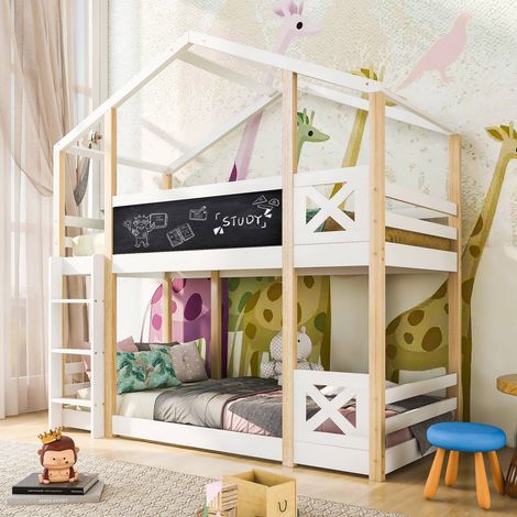 Lit cabane enfant 90x200 cm surélevé avec échelle, barrières et sommier inclus (1/5)