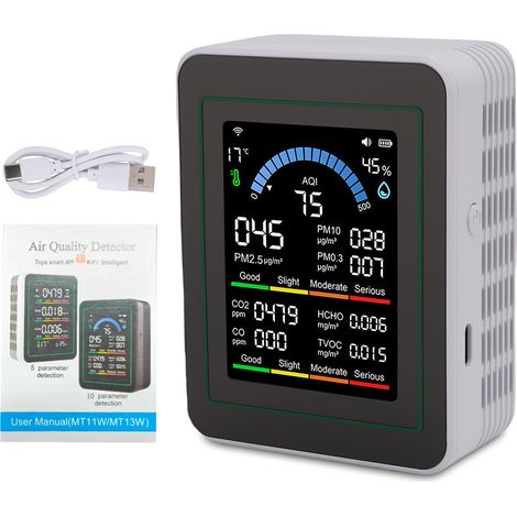 Monitor per la qualità dell'aria 10 in 1, schermo LCD a colori per interni, rilevatore di PM0.3/PM2.5/PM10/CO/CO2/HCHO/TVOC/temperatura/umidità, compatibile con Tuya Smart, versione WiFi MT13W per cas (1/5)