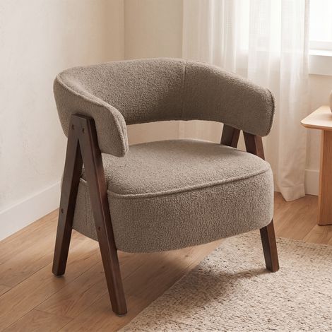 Butaca de Salón Tapizada en Borreguito Acolchada Gruesa Patas de Madera Respaldo Curvado 70x64x71 cm Marrón Claro (1/5)