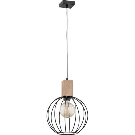 Alfa ARIZAN Modern Industrial Round Pendant Light, Black Metal & Light Wood, 1xE27 Socket Max 15W, Dimmable Bulb Compatible, 25cm Shade, 90cm Drop, for Kitchen & Dining