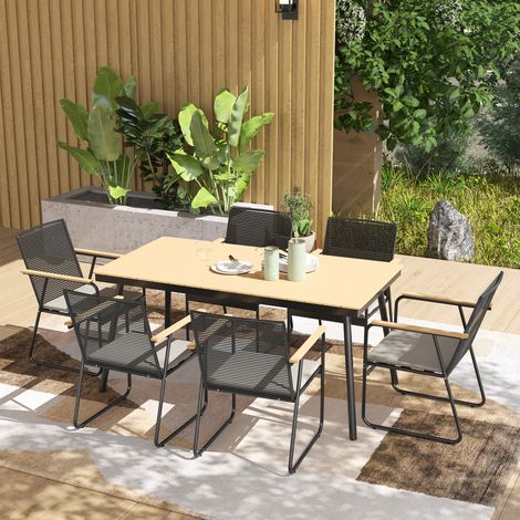 Ensemble de salle à manger en métal 7 pièces pour 6 personnes, table et 6 chaises, bois naturel et noir. (1/5)