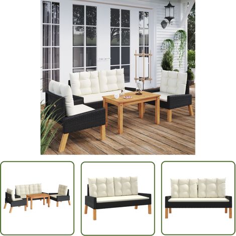The Living Store Salon de jardin 4 pcs et coussins Résine tressée et bois massif - Salon De Jardin - Meubles De Jardin - Mobilier D'extérieur - Set De Salon - Table Basse (1/5)