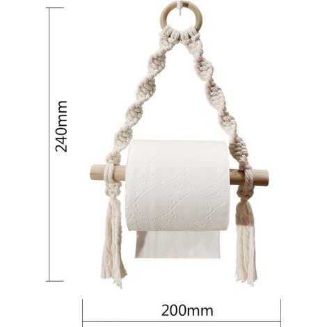 Portarotolo di carta igienica in stile boho, da parete, senza bisogno di forare, in legno, 20 x 24 cm, bianco (1/5)