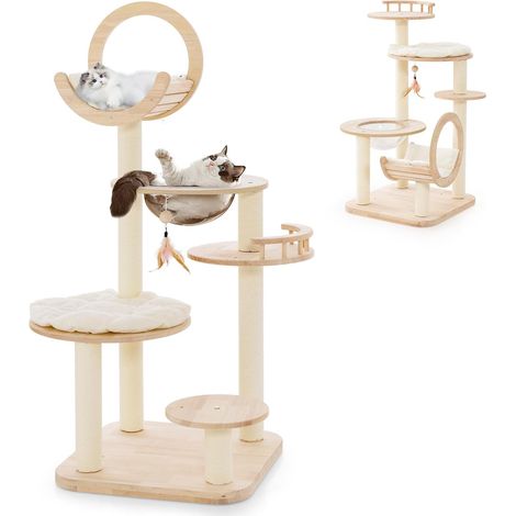 COSTWAY Árbol para Gatos de 146 cm, 4 en 1 Torre para Gatos con Cama Curvada, 3 Plataformas Redonda, Cápsula Espacial Transparente, Juguete Interactivo Colgante y Postes Rascadores de Sisal y Roble (1/5)
