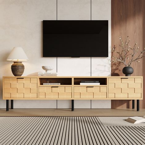 Meuble TV bas bois naturel 200x35x44,5 cm décor 3D carré imbriqué, 2 tiroirs 2 portes battantes pour téléviseur jusqu'à 80 pouces (1/5)