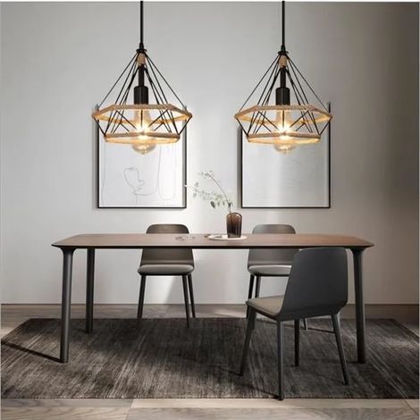 2PCS Lustre Suspension en Corde de Chanvre Vintage Plafonnier Luminaire Industrielle en Diamant pour Salon Chambre Cafe Bar (1/4)