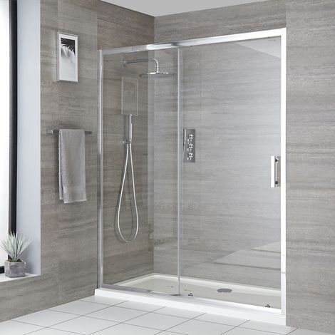 Milano Portland Chrome Reversible Walk In Wet Room Sliding Door Shower Enclosure and White Tray with Drying Area and Fast Flow Waste - 1700mm x 800mm (1/5)