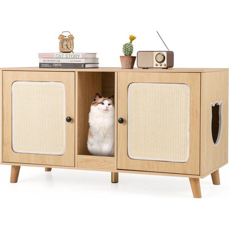 2 Compartiments Anti-Odeurs Meuble Cache Litière Chat avec Griffoir Table d'Appoint pour 2 Chats (1/5)