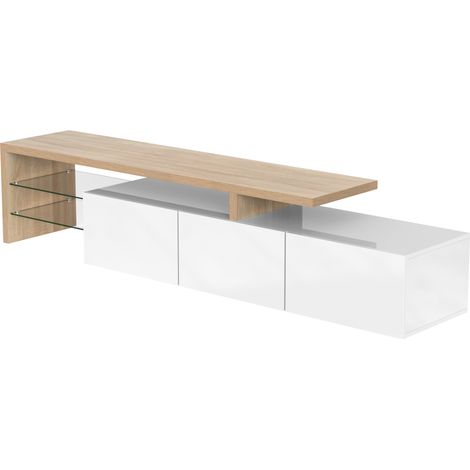 Moderner TV-Schrank 197,5 cm Weiß-Holz mit Glasböden und LED (1/5)