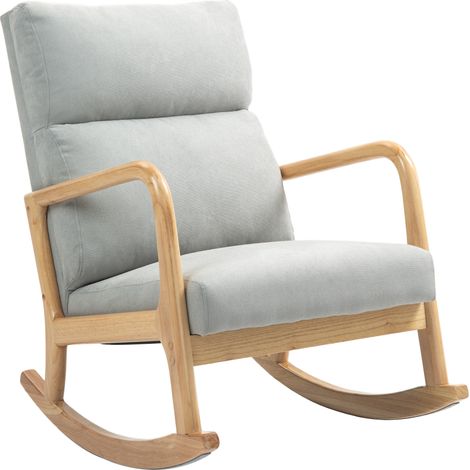 HOMCOM mecedora tapizada en lino silla mecedora con patas de madera de caucho y reposabrazos carga 150 kg para dormitorio salón gris (1/5)