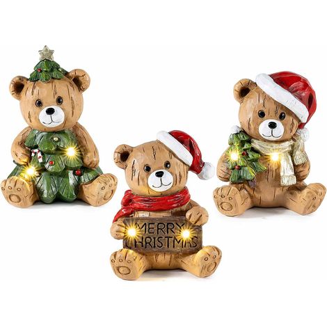 Orsetti di Natale in resina con decori e luci, da appoggiare, set da 3 pezzi