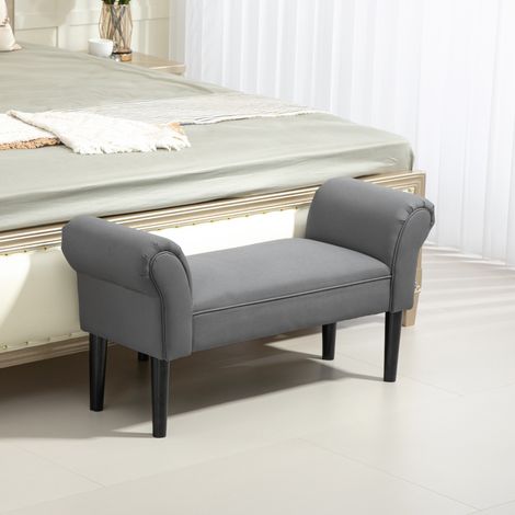 Panca imbottita ai piedi del letto in lino sintetico con gambe, braccioli e seduta imbottita in legno grigio scuro.