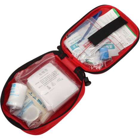 Erste-Hilfe-Set für Camping und Reisen, Feuchttücher, Brandsalbe, Wattestäbchen, Verbandsmaterial und Pflegeprodukte. (1/4)