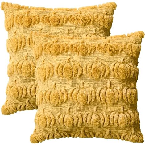 Set di 2 federe 45x45 cm - zucche gialle, in peluche, decorative (1/5)