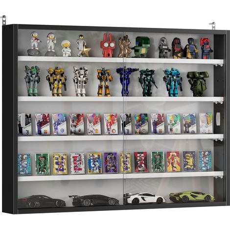 Vitrine murale pour objets de collection 4 étagère réglables en hauteur et 2 portes coulissantes 80 x 9,5 x 60 cm noir (1/5)