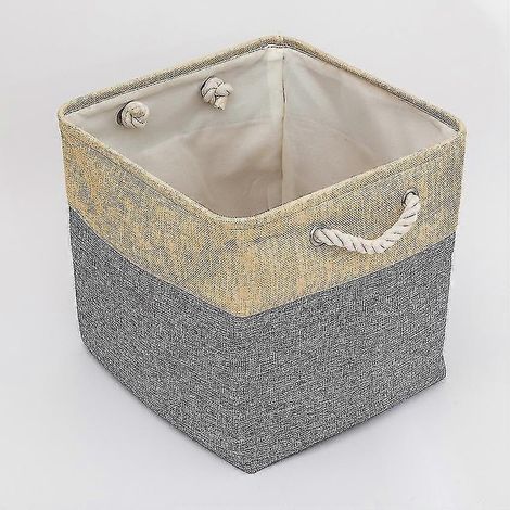 Boîte de rangement pliable avec coutures en lin, panier en tissu avec poignées en corde de coton, cube de rangement (beige, coutures marron) (1/5)
