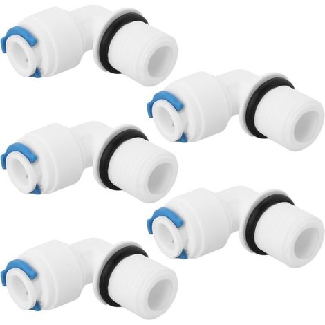 Lot de 5 raccords filetés mâles 1/4 vers 1/4 coudés à 90° pour l'installation de boîtiers de filtre de rechange pour systèmes de filtration d'eau par osmose inverse (1/5)