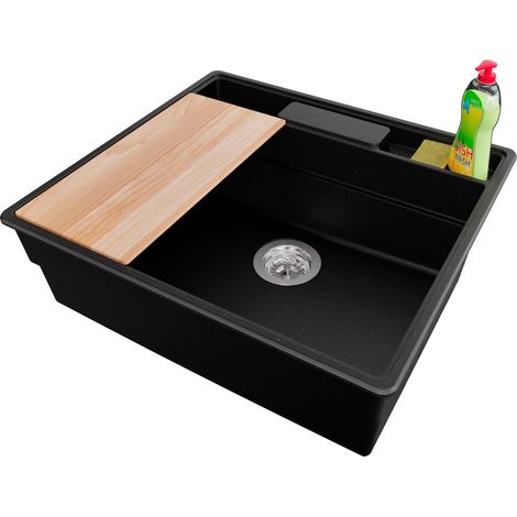 PRIMAGRAN Evier Cuisine en Granit 58x53cm,Lavabo 1 bac + Kit de Vidage + Accessoires, Évier à Encastrer au meuble 60cm - New York, Noir Métallisé (1/5)