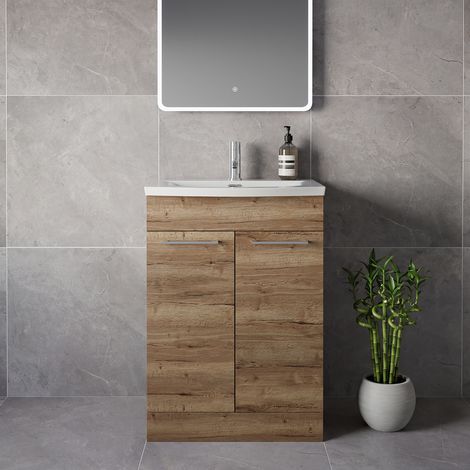 Napoli 390 Tobacco Oak 600mm 2 Door Vanity Unit with Arc Basin - 600mm - Chrome 160mm Handle