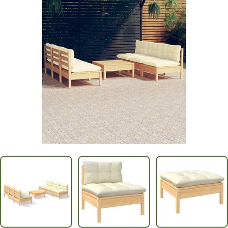 Terrassenmöbel - 7-tlg. Garten-Lounge-Set mit Creme Kissen Kiefernholz (1/5)