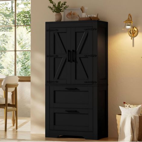 Aparador alto de 60x30x128 cm con 2 cajones y estantes ajustables, mueble de almacenamiento de MDF - negro (1/5)