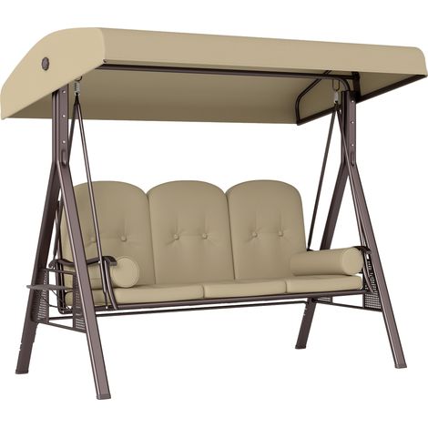 Outsunny 3 Seat Garden Swing Chair Patio Steel Swing Bench w/ Cup Trays Brown