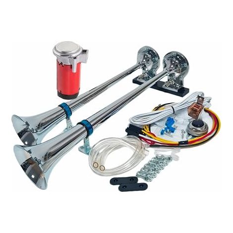Klaxon de voiture Corne électrique de voiture 175db Car Horn argenté Tonalité élevée et basse Zinc chromé Double tube avec compresseur rouge Haut parleur pour 24V voiture yacht bateau (1/5)