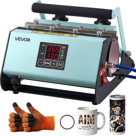 Presse à Chaud pour Tasses Capacité Maximale de 887 mL Noir et Vert, avec Ruban Adhésif et Gants, Réglage Température et Durée, Transfert Thermique par Sublimation pour Gobelets, Tasses et Mugs