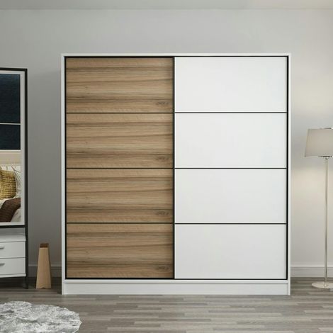 Armoire penderie à portes coulissantes, blanc & effet bois BYRON (1/5)