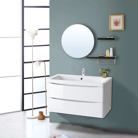 Bathroom Vanity Unit Basin Sink Wall Hung 2 Drawers Storage Cabinet 800mm Gloss White