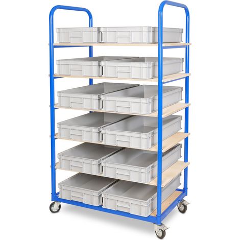 BRB Etagenwagen mit 6 Ebenen, BxTxH 1050x500x1690 mm, bestückt mit 12 Euroboxen BxTxH 600x400x120 mm (grau) (1/3)