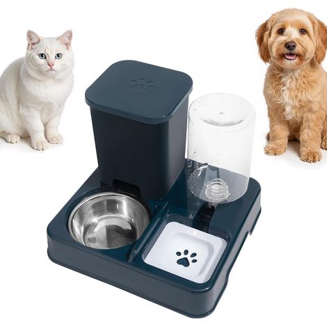 Distributeur auto nourriture et eau 2 en 1 gamelle inox bleu chat chien lapin plastique écologique (1/5)