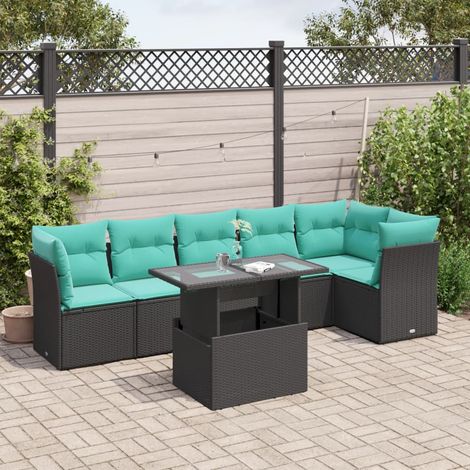 7-teiliges Gartensofa-Set mit Kissen, schwarzes Polyrattan (1/5)