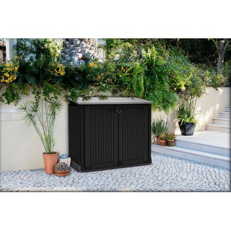 Dmora - Armario exterior Gander, Mueble para exteriores, Mueble de jardín multiusos, Contenedor para balcón o garaje, 132x72 h114 cm, Negro (1/4)