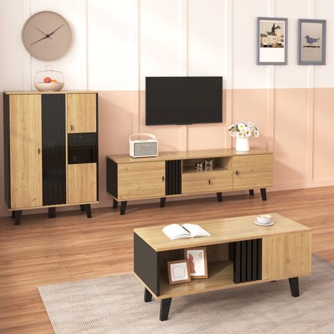 Ensemble de meubles de salon 3 pièces avec table basse, meuble TV et buffet LED, bois et noir (1/5)