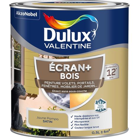 ECRAN+ BOIS - Peinture satinée pour bois extérieur - Volets, portes, fenêtres, portails - Jaune Pampa 0,5 L - Dulux Valentine