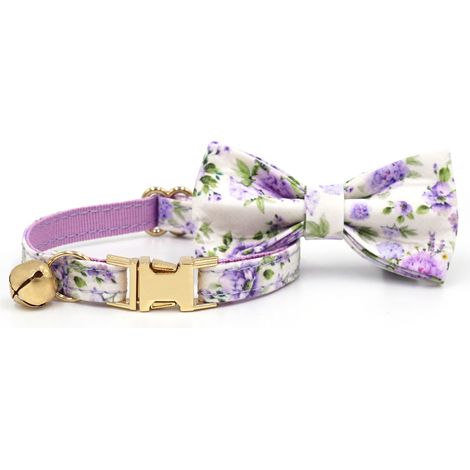 Collier chat imprimé floral avec nœud papillon et cloche - Design ajusté S, boucle dorée (1/2)