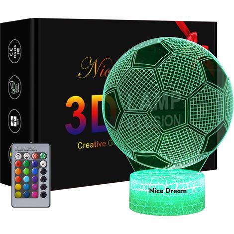 Veilleuse 3D Football - Lampe Illusion Optique Acrylique - Dimmable 16 Couleurs avec Télécommande - Pour Chambre Enfant - 1 Pièce