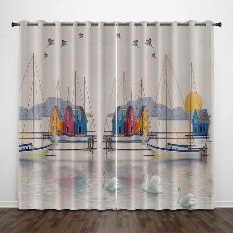 Rideaux occultants à œillets Exquis, Maisons de Bateau, Paysage de cygnes, 200 x 160 cm, Rideaux à Isolation Thermique, 2 Panneaux pour Salon, Chambre à Coucher, crèche - W 79 x H 63 Inch (2 x 39 x 63 (1/5)