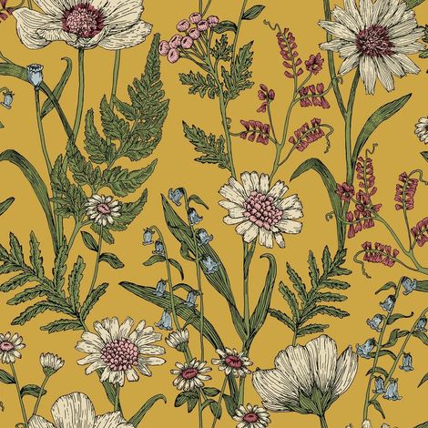 Fine Decor Wild Meadow Yellow Wallpaper Floral Flowers Leaves Paste The Wall (1/4)
