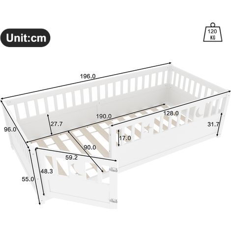 Lit bébé 90x190 cm, sommier à lattes avec barreaux, décoration étoiles et lune, sans matelas, style épuré, blanc, chambre enfant. (1/5)