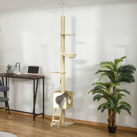 Arbre à chat - hamac - niche à chats - deux plateformes - 40 x 40 x 260 cm - brun clair + beige - hauteur plafond - Qualité (1/4)