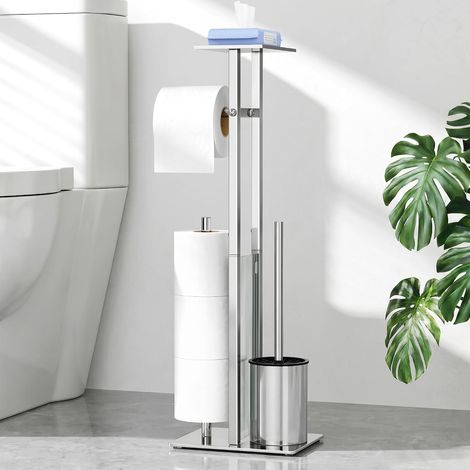 Porte-papier toilette debout en acier inoxydable brosse wc - Porte-papier toilette avec boîte à lingettes humides (1/5)